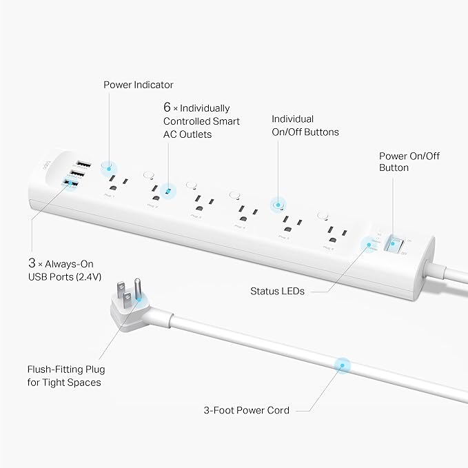 Tapo Smart Wi-Fi Power Strip- 6 Individually Controlled Smart Outlets and 3 USB Ports with Surge Protection, Matter, Works w/Alexa, Google Home, Siri, & Bixby, No Hub Needed, Tapo P316M