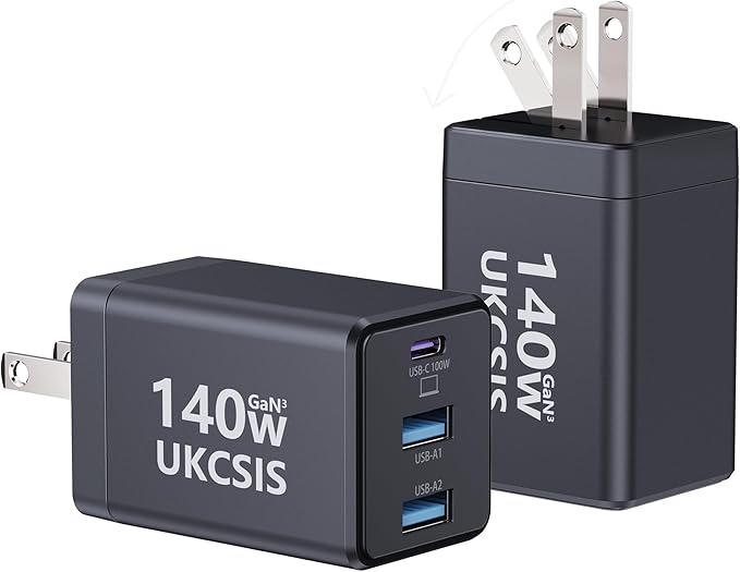 2Pack Mac Book Charger 140W, USB C Fast Charger Foldable 3-Port Multi-Device Fast Power Adapter, USB C Charger for MacBook pro/Air, Dell, Samsung Galaxy, iPad Pro, and More(Black)