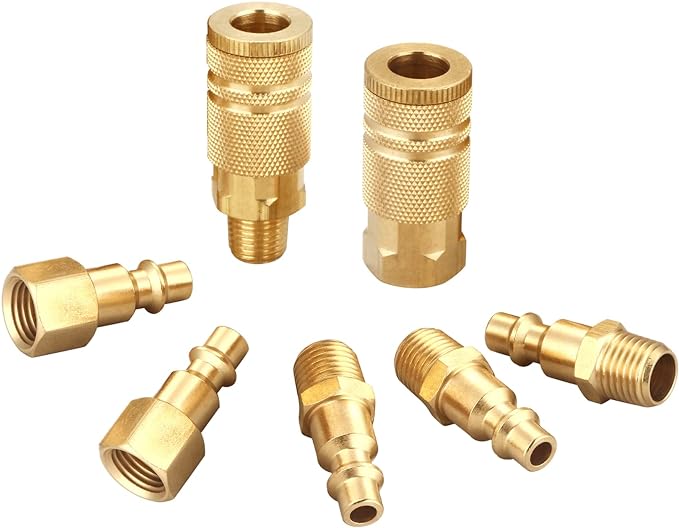 Air Hose Fittings Quick Connect Brass Air Coupler and Plug Kit, Industrial Type D, 1/4 Inch NPT Air Compressor Fittings, (7 Piece)