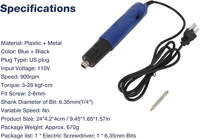 WALFRONT Electric Screwdriver Adjustable 1/4" Handheld Straight Shank Practical Repair Kit 900RPM Fit Screw 2-6mm(US Plug 110V)