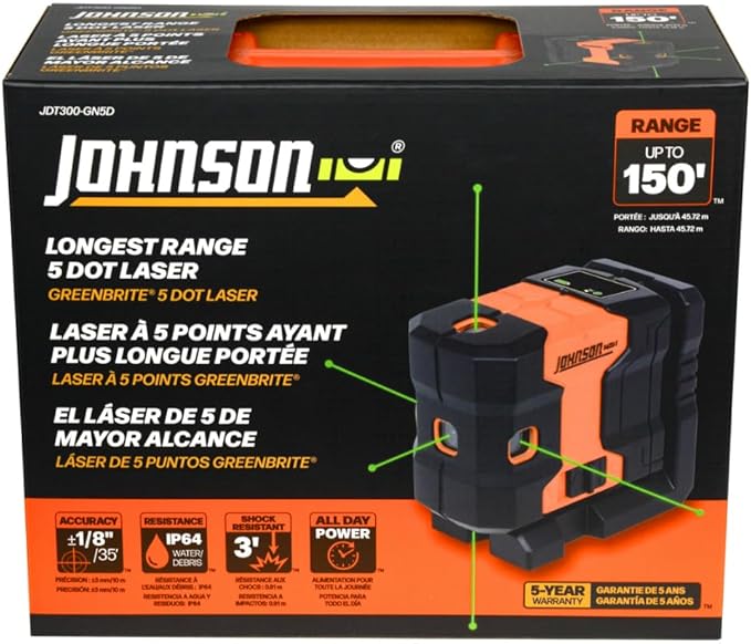 Johnson Level & Tool JDT300-GN5D Laser Level, Self-Leveling Kit 5 Dot Laser with GreenBrite® Technology, Magnetic Base, Hard-shell Carry Case, Floor Mount