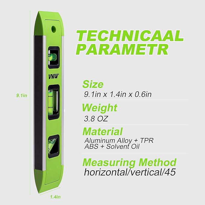 9 Inch Torpedo Level, Magnetic Bubble Level with 45°/90°/180° Bubble Vials, Shock Resistant Leveler Tool for Measuring (4)