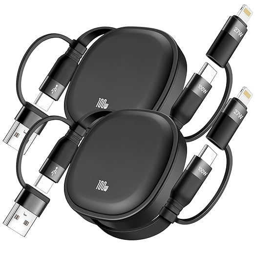 5 in1 Retractable USB Type C Cable 100W, 2Pack Multi Charging Cable 5A Fast Charging Cord USBC Cable with USB A+C to L/C Travel Essentials Charger for iPhone Series,Samsung Galaxy,MacBook,iPad(3.86ft)