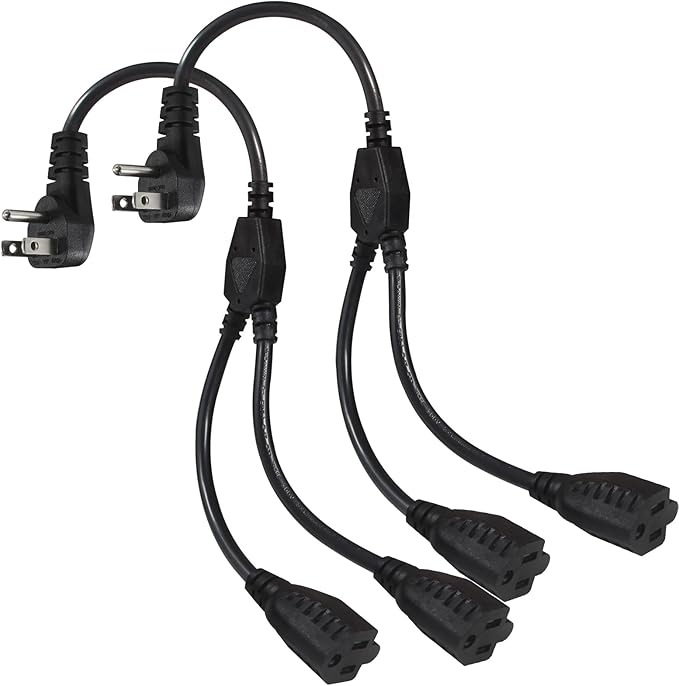 Power Cord Extension Y Splitter - 1 to 2 Way Outlet Adapter NEMA 5-15P 90-Degree Flat Plug to 2 X NEMA 5-15R with SJT 16AWG 3-Prong Cable Wire Extender Space Saver for Home Office Appliance 2-Pack