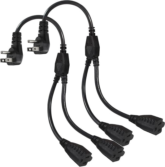 Power Cord Extension Y Splitter - 1 to 2 Way Outlet Adapter NEMA 5-15P 90-Degree Flat Plug to 2 X NEMA 5-15R with SJT 16AWG 3-Prong Cable Wire Extender Space Saver for Home Office Appliance 2-Pack