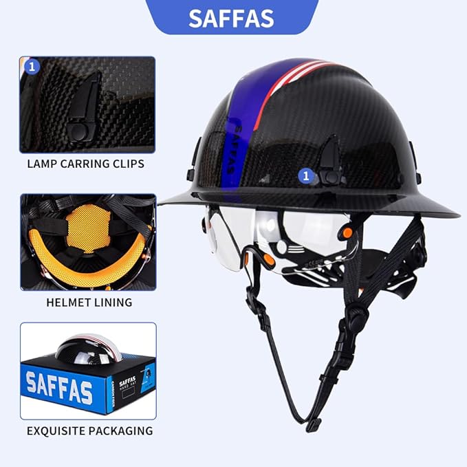 Carbon Fiber Full Brim Hard Hat Safety Helmet with Goggles and Leather Chin Strap 6-Point Suspension Adjustable Knob with Neck Protection