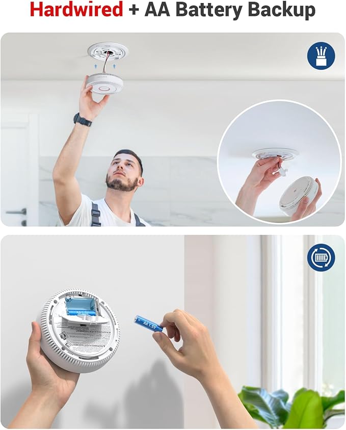 Ecoey Hardwired Smoke and Carbon Monoxide Detector, Hardwired Interconnected Fire Alarms Carbon Monoxide Alarms with Replaceable AA Battery Backup, 2-in-1 Smoke and CO Detector, A8612B-6AR, 3 Packs