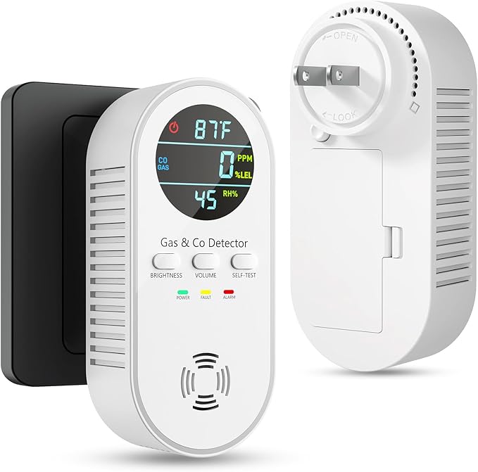 5-in-1 Carbon Monoxide Detectors, Natural Gas Leak Detector, Plug-in & Battery Backup Co Detector, HD Digital Display, CO Gas Temp Humidity Sensor, 1-Pcs, White