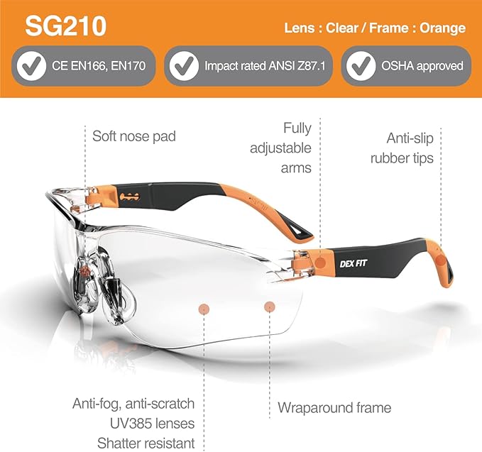 DEX FIT Safety Glasses SG210, Z87 Eye Protection, Anti-Fog & Scratch Resistant, Adjustable for Women and Men, UV Protection (Black & Orange Frame, Clear Lens)