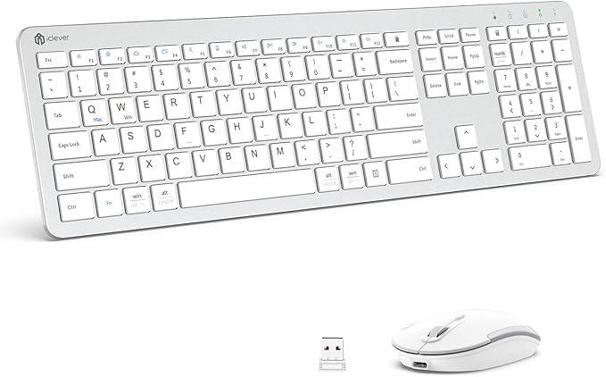 iClever Wireless Keyboard and Mouse, GK08 White Keyboard Mouse Combo, Ergonomic, Quiet, Full Size Design with Number Pad, 2.4G Connection for Mac, Windows and Computer