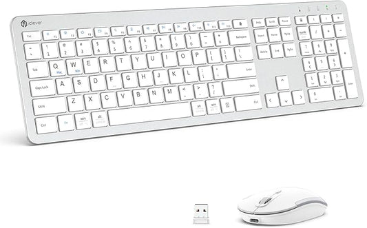 iClever Wireless Keyboard and Mouse, GK08 White Keyboard Mouse Combo, Ergonomic, Quiet, Full Size Design with Number Pad, 2.4G Connection for Mac, Windows and Computer