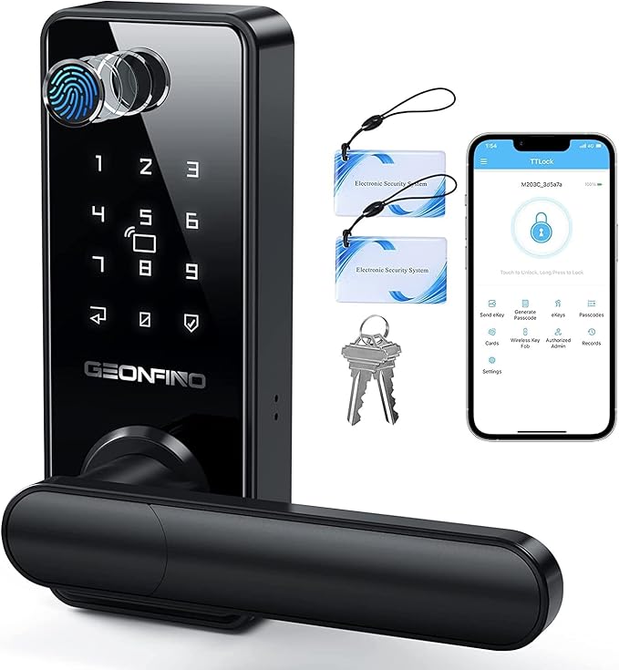 GEONFINO Smart Door Lock 6-in-1 Deadbolt with Keypad,Fingerprint Door Lock with Handle, Bluetooth Electronic Deadbolt for Home