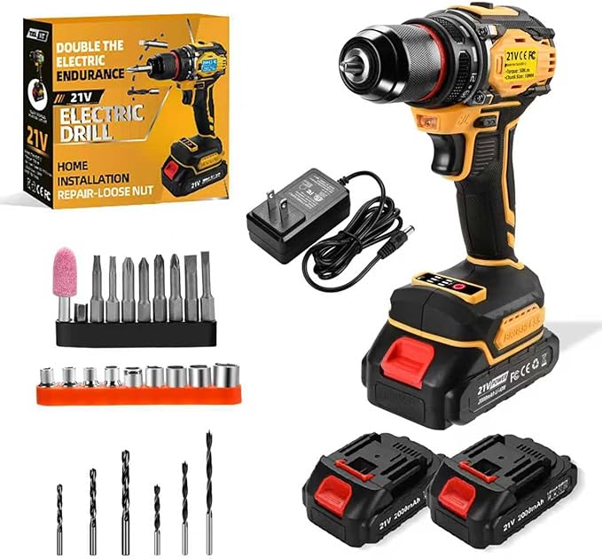 21V Cordless Power Drill/Driver Set, 2 Variable Speeds with LED Light, 3/8" Keyless Chuck, 2 Batteries & Charger, 28-Piece Kit for Home Use(Yellow)