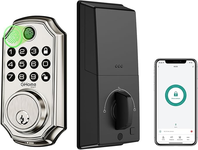 GHome Smart Door Lock KD30, Fingerprint Smart Deadbolt for Front Door, 5 in 1 Keyless Entry Door Lock, App Control, Auto Lock, 0.3s Unlock, Easy Install, for Home/Apartment/Office