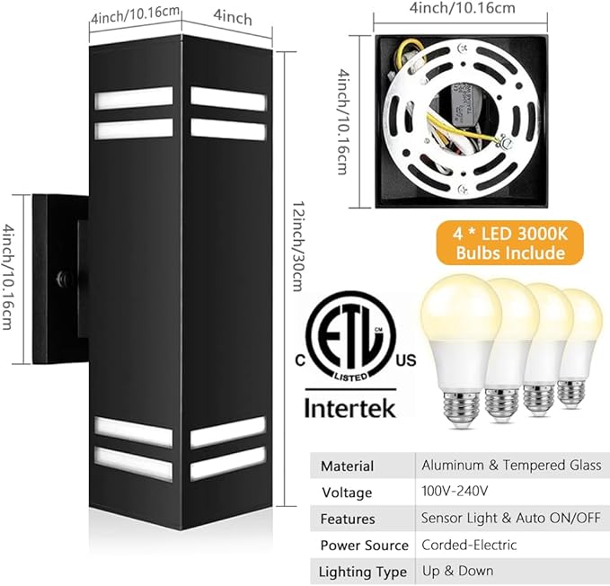 SHIMR Dusk to Dawn Outdoor Lighting 2 Pack, Modern Exterior Lighting Fixtures Wall Mount ETL Listed, Aluminum Anti-Rust Outdoor Sconce Up and Down Outside Lights for House Porch, LED Bulbs Include