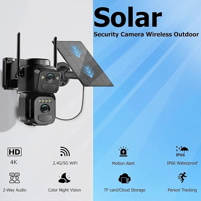 Uniter 4K Dual Lens Solar Security Camera Wireless Outdoor, 5G/2.4G WiFi 6, Panoramic & Tracking Cam 2 in 1 for Home Security with Color Night Vision/PIR Motion Alarm/Human Tracking/PTZ/2-Way Audio