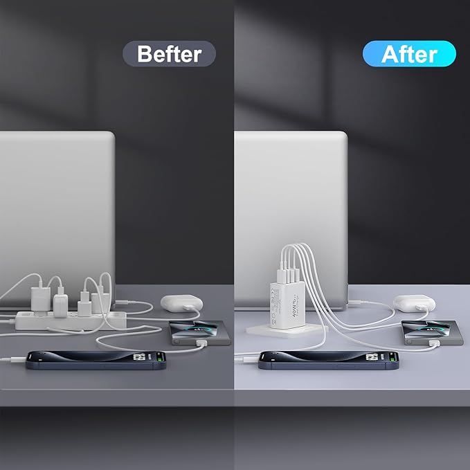 40W USB C Wall Charger Block,4 Port Type C Charger Fast Charging Brick Dual Pd & QC Fast Charger Cube Wall Plug Power Adapter for iPhone 15/14/13/12/11/Pro Max/XS/XR,iPad,Samsung,Pixel,White