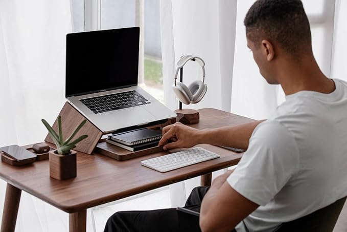 Oakywood Walnut Wooden Slanted Laptop Stand - Ergonomic Desk Laptop Riser & Holder - 50x25x15cm - Fits 15-16 inch Laptops