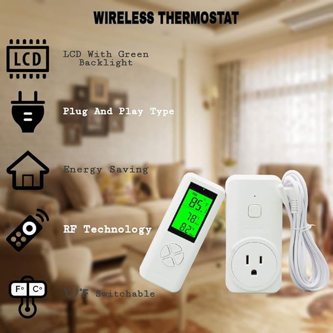 DIGITEN Wireless Temperature Controller Plug-in Thermostat Remote Control Reptile Thermostat Outlet with Temperature Sensor Wireless Thermostat for Home White