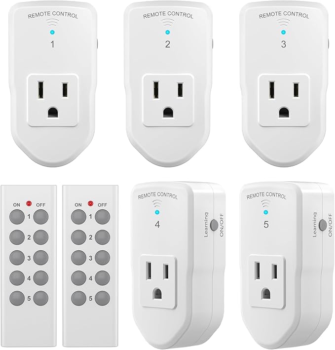 BN-LINK Wireless Remote Control Electrical Outlet Switch for Lights, Fans, Christmas Lights, Small Appliance, Long Range White (Learning Code, 5Rx-2Tx) 1200W/10A