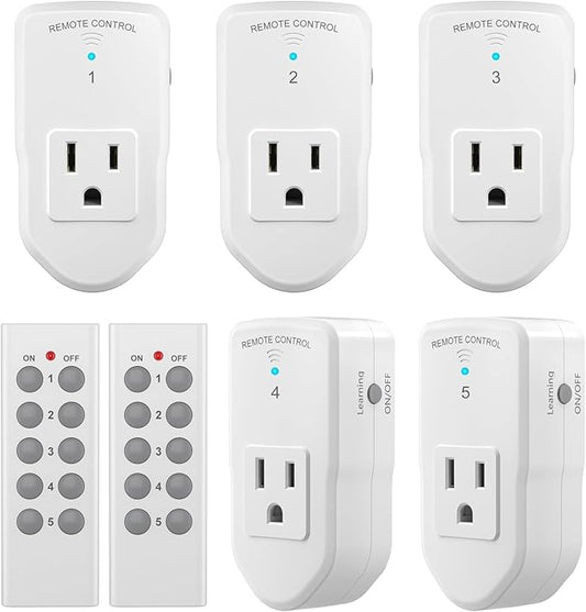 BN-LINK Wireless Remote Control Electrical Outlet Switch for Lights, Fans, Christmas Lights, Small Appliance, Long Range White (Learning Code, 5Rx-2Tx) 1200W/10A