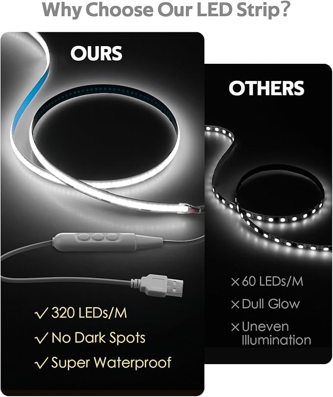 5V USB COB LED Light Strip Dimmable High Density White Light for TV 16.4FT 6000K 320LEDs/M Flexible LED Strip Lights USB Powered with Self -Adhesive for Bedroom Mirror TV Backlight Decor 5M