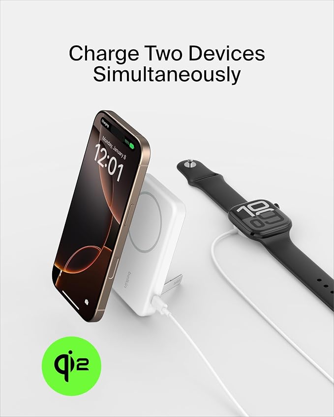 Belkin Portable Charger, Wireless Power Bank 15W 5000 mAh w/ Qi2 - MagSafe Charger w/Built-in Pop-up Kickstand - Compatible w/iPhone 16, 15, 14, 13, Plus, Pro, Max, Google Pixel 10, etc. - White