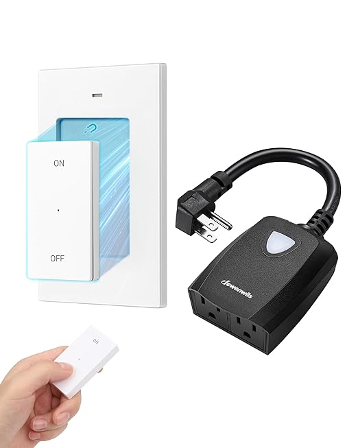 DEWENWILS Outdoor Wireless Remote Control Dual 3-Prong Outlet Weatherproof, Expandable Indoor Electrical Power Strip with Wall/Portable Light Switch, 15A, 7-inch Cord 100FT Range, ETL Listed