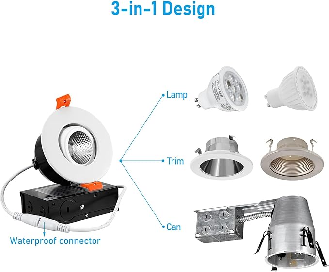 TORCHSTAR 12-Pack 3 Inch Gimbal LED Recessed Light with Junction Box, 7W CRI90+ Dimmable Adjustable Eyeball Canless LED Downlight, 4000K Cool White, Airtight IC, ETL