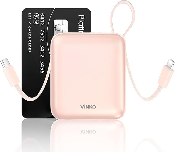 VINKO 10000mAh Power Bank Built-in Cables, Fast Charging with LED Display, Small Travel Battery Pack with Cords, Airplane Travel Essentials,Portable Phone Charger for Cell Phone Smart Devcies(Pink)