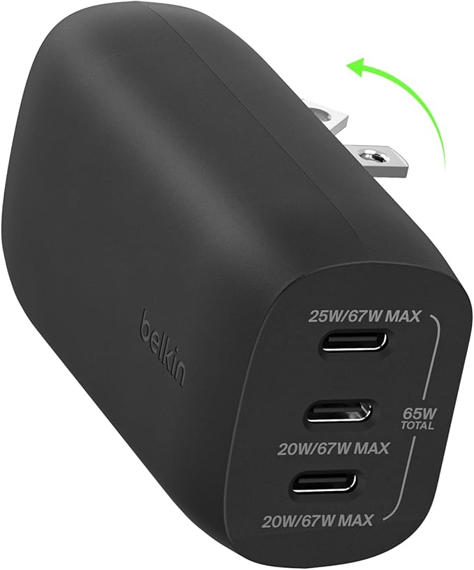 Belkin 3-Port USB C Charger Block w/PPS 67W, USB-C PD 3.1 Super Fast Charging - Samsung Galaxy S25, Apple iPhone 16, MacBook Pro, AirPods, Nintendo Switch 2, & Other PD Enabled Devices - Black