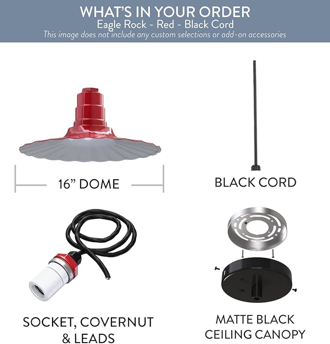 Steel Lighting Co. Eagle Rock Pendant | Ceiling Mounted Light | 16 inch Radial Wave | Black Cord | Heavy Duty Steel Retro Farmhouse Style Made in America | Red Exterior/White Interior