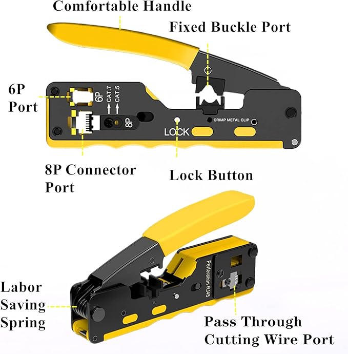 rj45 Crimp Tool Kit, Pass Through Cat7 Cat6A Cat6 Cat5e Cat5 rj45 Crimping Tool with 10PCS Cat7 Shielded Connectors 10PCS Covers 20PCS Cat6 Pass Through Connectors 20PCS Covers Network Tester