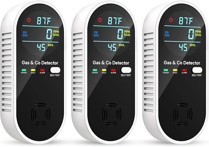 Carbon Monoxide Detectors & Natural Gas Detector, 4-in-1 Carbon Monoxide Detectors Plug in, Gas Leak Detector with Dual Alarms, Temperature & Humidity Sensor for Home, RV Essentials, Black, 3 Packs