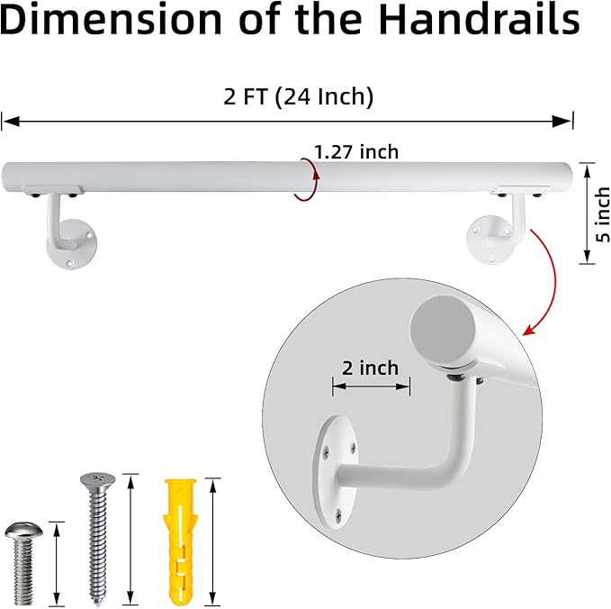 2 FT Heavy Duty White Metal Stairs Railing Indoor, Wall Mount Pipe Stair Handrail - Hand Rails for Indoor & Outdoor Steps, Banister Deck Porch Patio Railing, Wall Grab Bars for Seniors