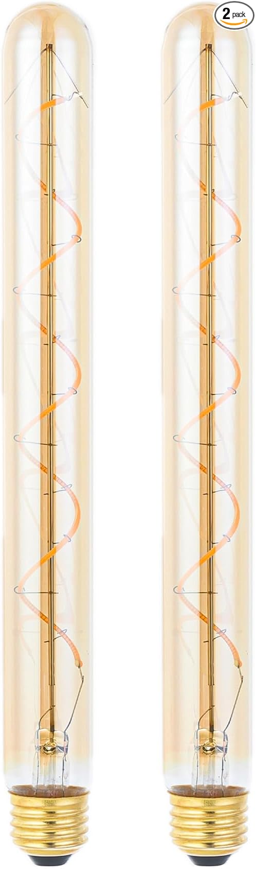 T300/T10 Long Tubular Light Bulb,40 Watt Equivalent E26 Base Amber Vintage Edison Bulb 4W Dimmable Tubular Antique Style Decorative LED Filament Light Bulb, 2700K Warm White,11.8 Inch, 2 Pack