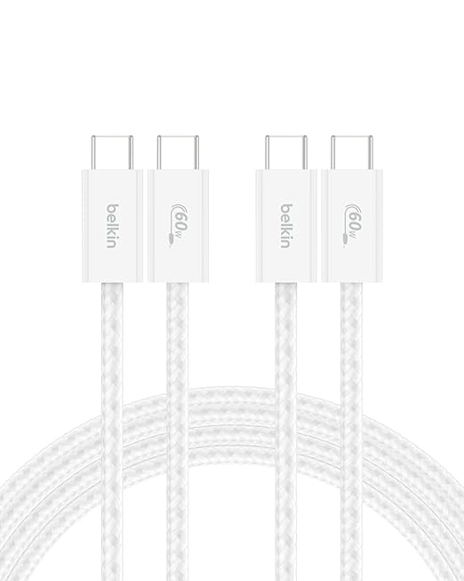 Belkin USB C to USB C Cable 2-Pack, 6.6ft, 60W - Type C Charger, iPhone Charger Cord, Soft, Braided, Flexible for iPhone 16, Galaxy S25, Pixel 9, Airpods, iPad Pro & More, Travel Essentials - White