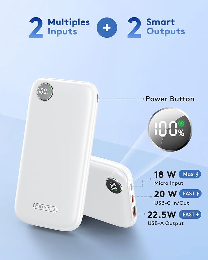 Powerbank Fast Charging Max 12V/4.5A, Ultra Slim Portable Charger USB C 10000mah, Travel Power Bank for iPhone 11 12 13 14 15 16 Samsung Android, DC Lightweight Battery Pack Phone Charger, White