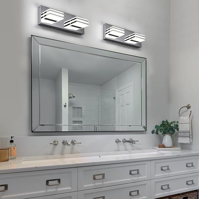 LED Vanity Light Bar 2 light Bathroom Mirror Light Fixtures Modern 12W Bath Lamps Over Mirror 14 Inch Bathroom Wall Lighting Fixtures Chrome Restroom Lights Fixtures over Sink Acrylic Vanity Sconces