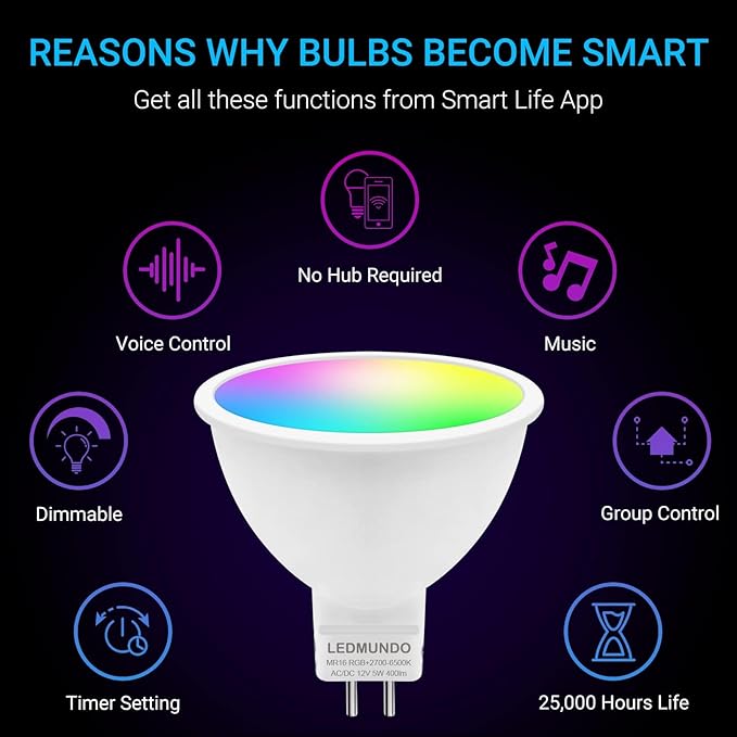Smart MR16 LED Light Bulbs 5W, GU5.3 Bi-Pin Base, Compatible with Alexa/Google Assistant, AC/DC 12V, RGBCW Smart MR16 Bulb, WiFi Smart Spotlight Indoor Decoration, Dimmable, 3PCS