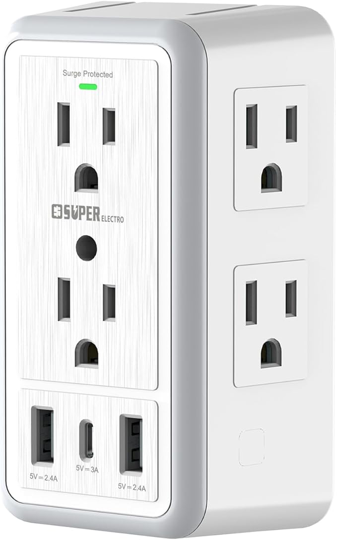 USB Wall Charger Surge Protector, Super Electro 6 Outlet Extender with 3 USB Charging Ports (5V 3.4A Total) and Night Light, 3-Sided 1500J Multi Plug Wall Outlet for Home, Office, ETL Listed