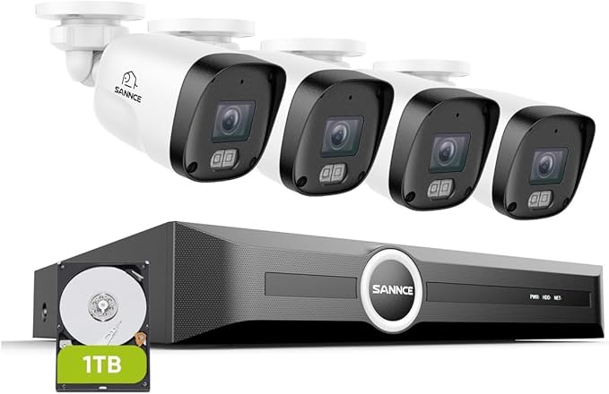 SANNCE 8CH 6MP Surveillance NVR System with 4PCS 2K 3MP HD Weatherproof Cameras with H.265 Video Compression, Smart IR LED, APP Push Alert, Remote Access (with 1TB HDD)