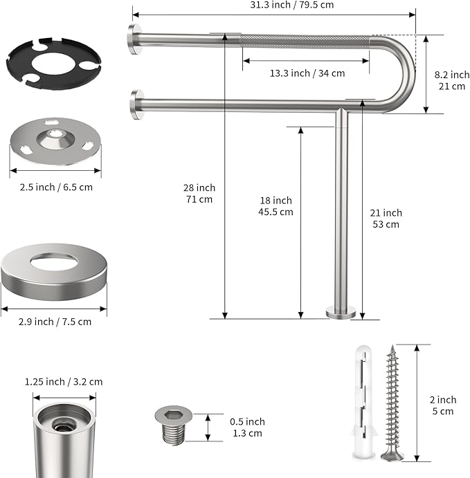 Toilet Grab Bar 31.3 Inch, YuanDe Wall to Floor Brushed Nickel Bathroom Safety Bar w/Anti-Slip Knurled Grip, Stainless Steel Handicap Grab Bar with Leg,Support Bar for Disabled Elderly Pregnant