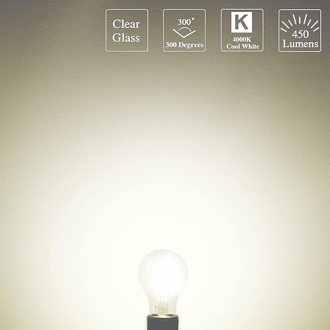 MASTERY MART 30 Pack E26 LED Bulb 40 Watt Equivalent Light Bulbs, Efficient 5W, Dimmable, 450 Lumens, 4000K Cool White Classic Clear Glass A19 LED Filament Bulb
