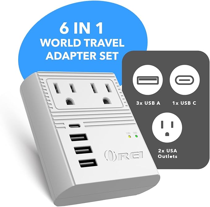 OREI World Travel Plug Adapter M8 Max, 3 USB + Pd 18W USB-C Input - 2 USA Outlets - Attachments for Europe, Asia, China, Japan, Africa - Perfect for Cell Phones, Tablets, Cameras and More