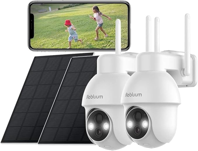 【2K】 Solar Security Cameras Outdoor Wireless, 2 Pack Outdoor Camera Wireless Solar Powered, Pan Tilt 360°WiFi Camera with Color Night Vision/PIR Sensor/2-Way Audio/Alexa/Google Assistant