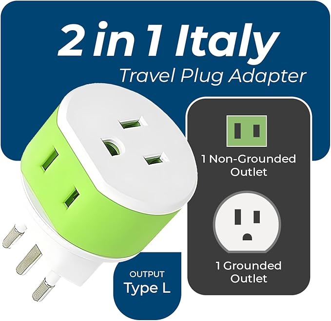 Orei Italy, Uruguay Type L Power Plug Adapter 3 Pack - 2 Usa Inputs, safe for cell phones, laptops, camera chargers, Cpap, and more US-12A
