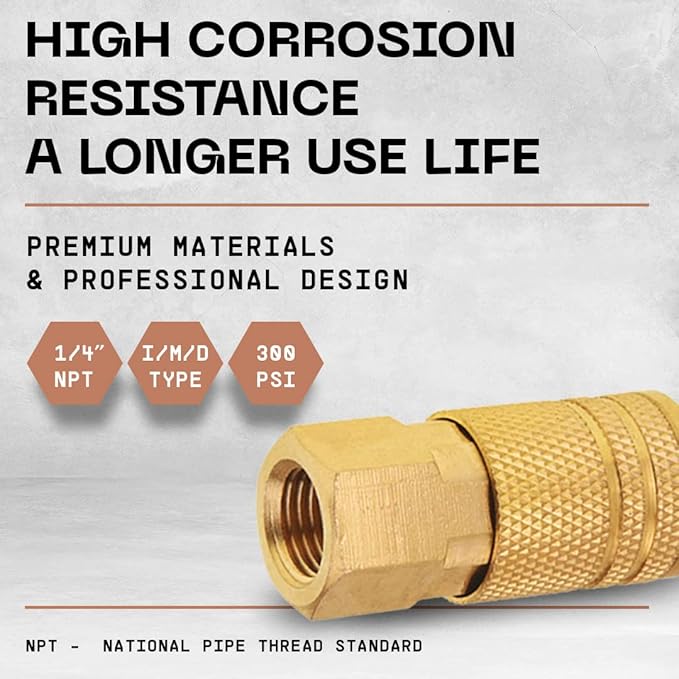 Female Air couplers -1/4-Inch NPT Thread Quick Connect Air Coupler Plug Kit - 10-Pack, Air Tools Fittings Set, Air Compressor Accessories Fittings with Brass Finish