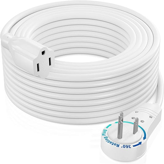 Maximm Extension Cord 50 Foot White Flat Plug, 360° Rotating Short Power Cord Single Outlet, Indoor 16 Gauge 3 Prong Grounded Wire UL Certified (50Ft White)