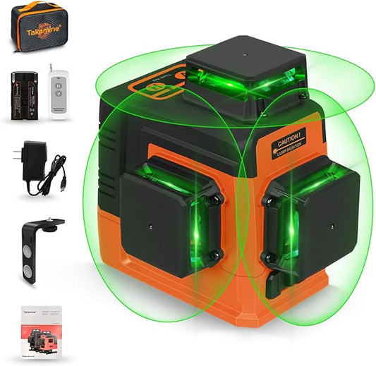 Takamine 12 Lines Laser Level Self Leveling 3x360° 3D Green Cross Line for Construction/Picture Hanging, Remote Controller, Rechargeable Li-ion battery, Magnetic Stand and portable bag